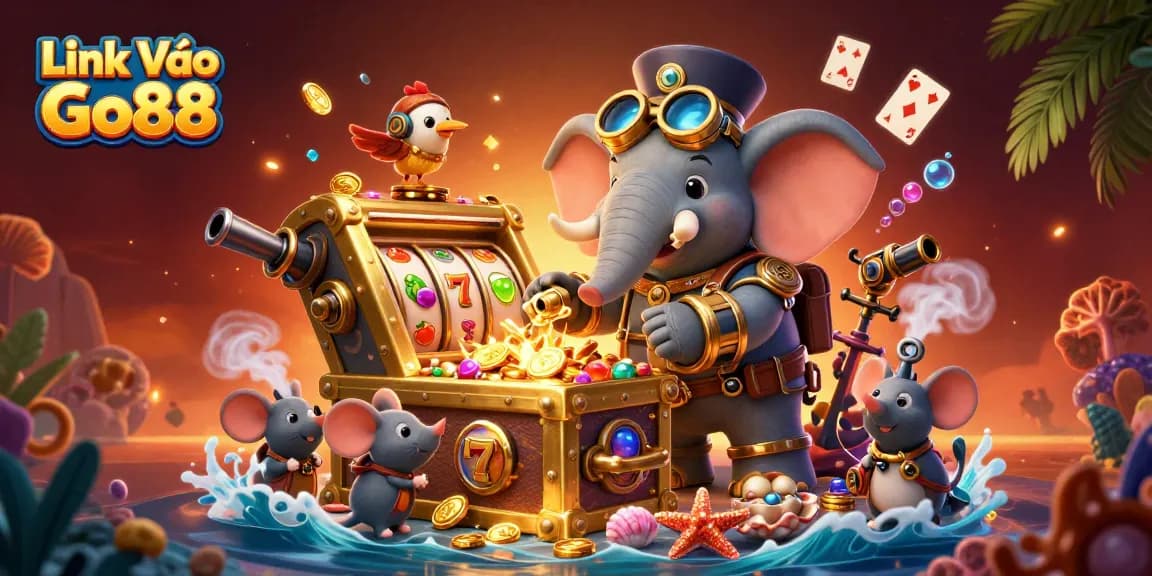 Experience thrilling wins with Link Vào Go88 as a steampunk elephant operates a slot machine surrounded by riches.
