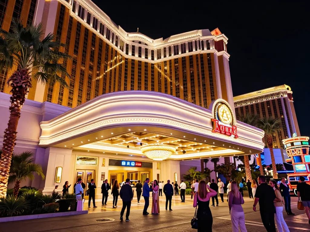 Leci123a casino entrance with bright lights and excited players ready to gamble.
