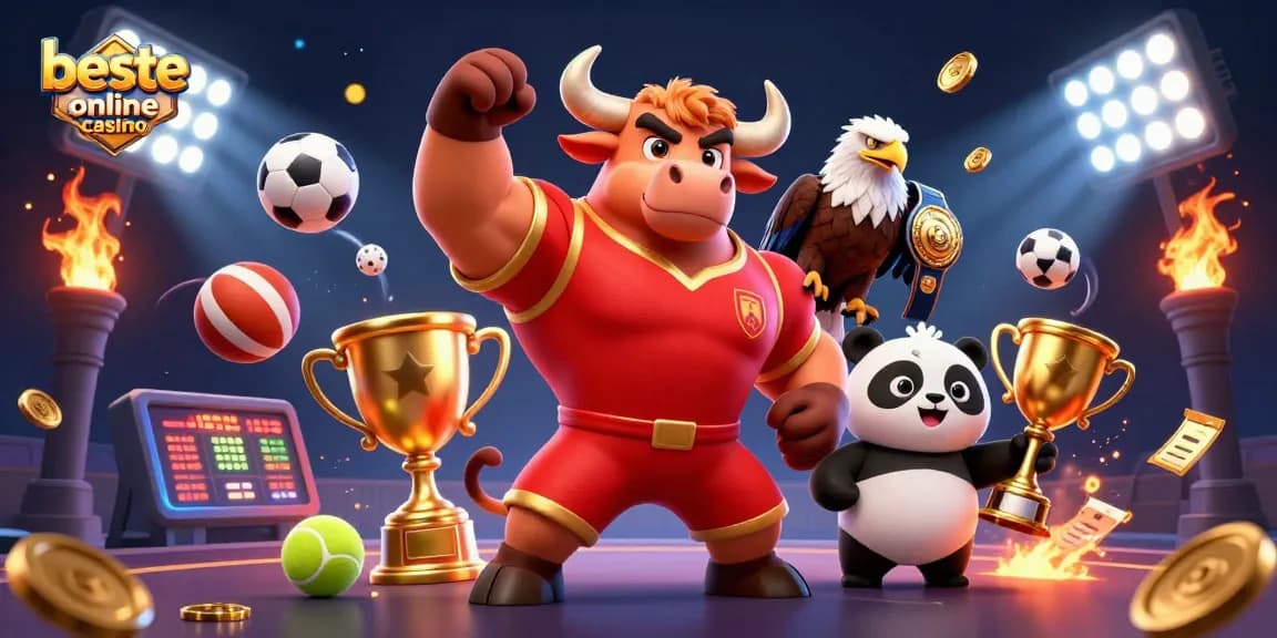 Engaging scene featuring the beste online casino mascot surrounded by lively sports elements celebrating victories.