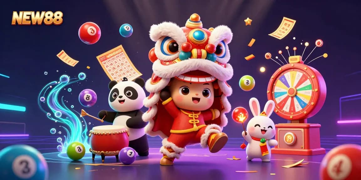 Experience exciting winnings at NEW88 with colorful lottery balls and dynamic casino elements.
