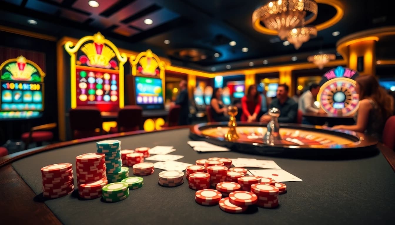 Excited players enjoying games at 88i's luxurious casino tables filled with chips and cards.