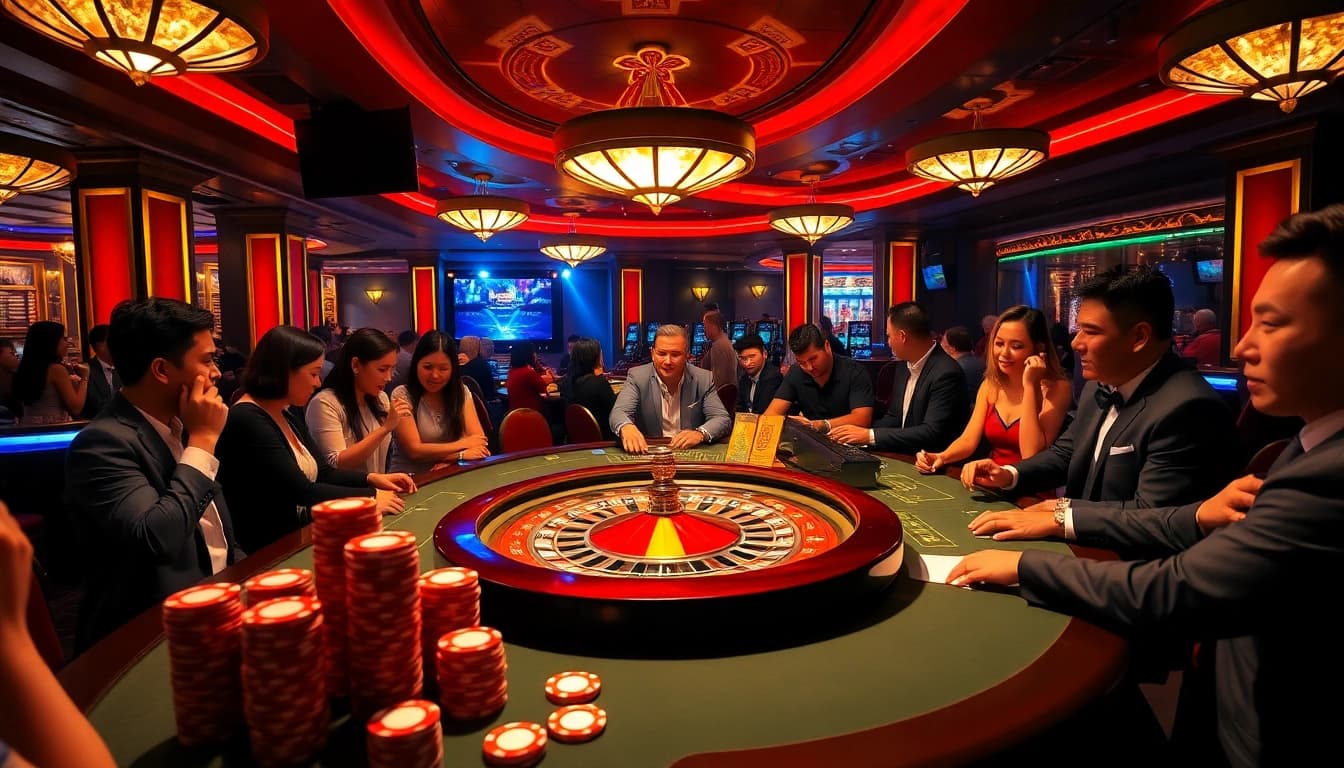 Engaging gamblers at a vibrant KKWIN casino table with poker chips and a roulette wheel.