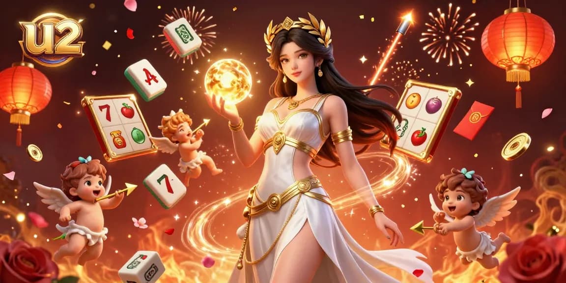 Play exciting U2 casino slot games surrounded by vibrant characters and festive elements.