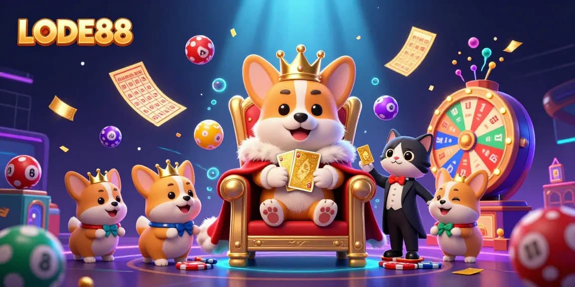 Engage with LODE88 as a royal corgi presides over vibrant gambling elements like lottery and bingo.