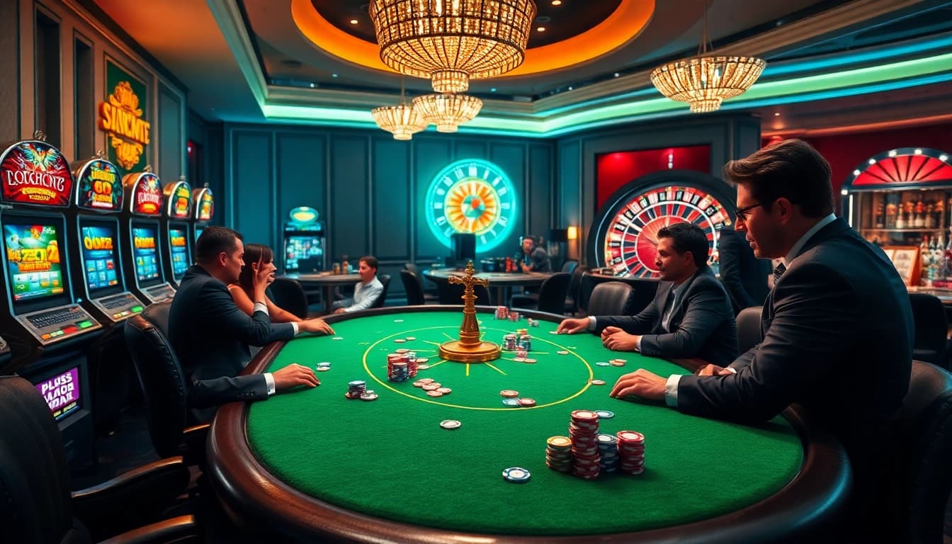 Engage in the excitement of i9bet ren at a luxurious casino with poker tables and vibrant slot machines.