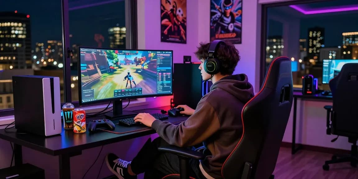Pengalaman bermain rajatogel daftar di ruangan modern, gamer serius dengan headset di depan monitor besar.