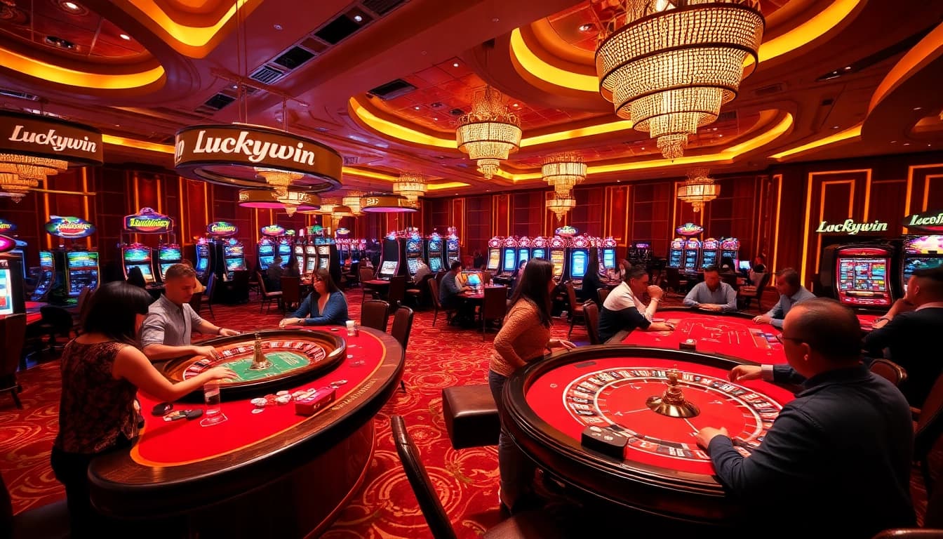 Players enjoying the thrill of Luckywin casino games with vibrant visuals and lively atmosphere.