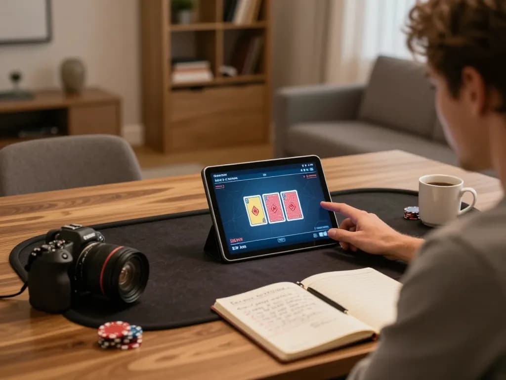 Playing poker online via luckyindex in a cozy living room with strategic notes visible.