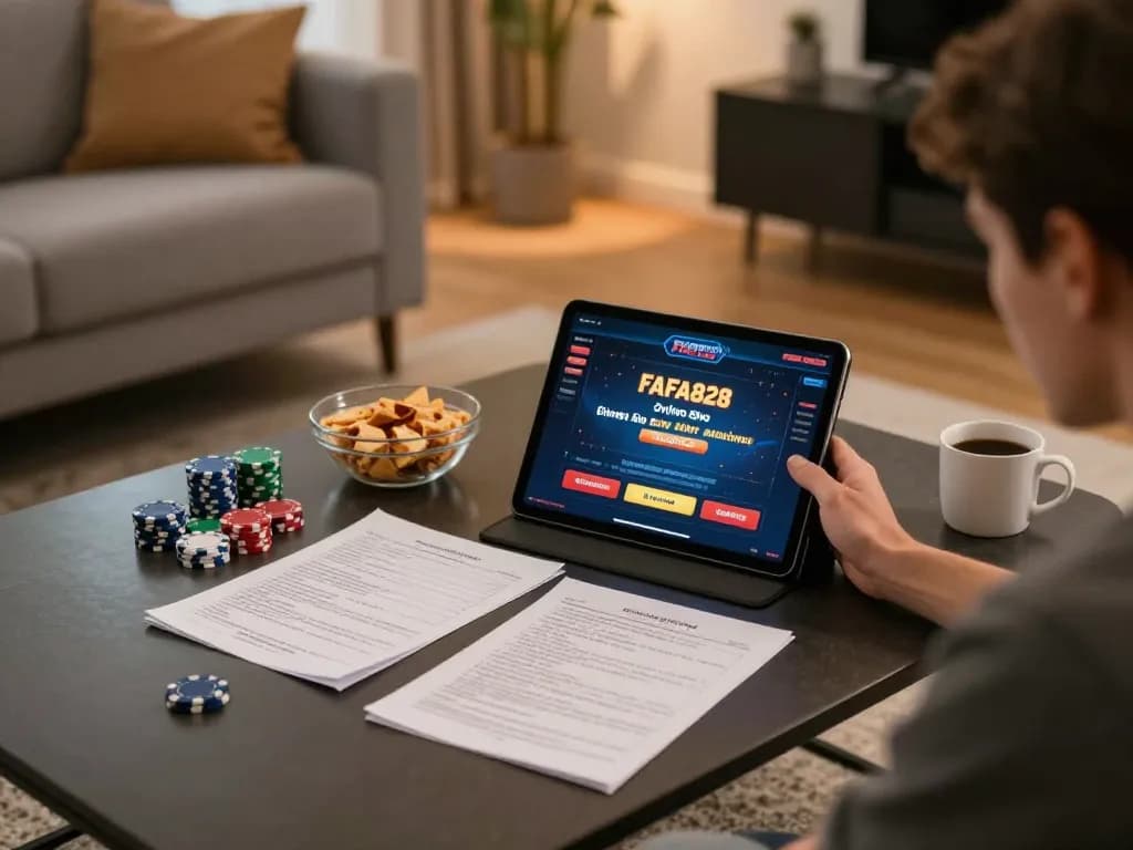 Player engaging with FAFA828 online casino on tablet, conveying modern online gaming atmosphere