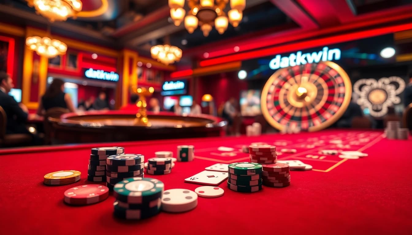 Rasakan pengalaman permainan yang mendebarkan di datukwin, menampilkan chip poker, kartu, dan roda roulette.