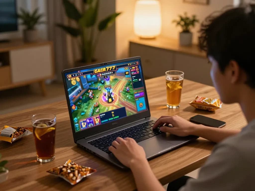 Playing a thrilling slot gacor 777 game at home using a laptop in a cozy setting