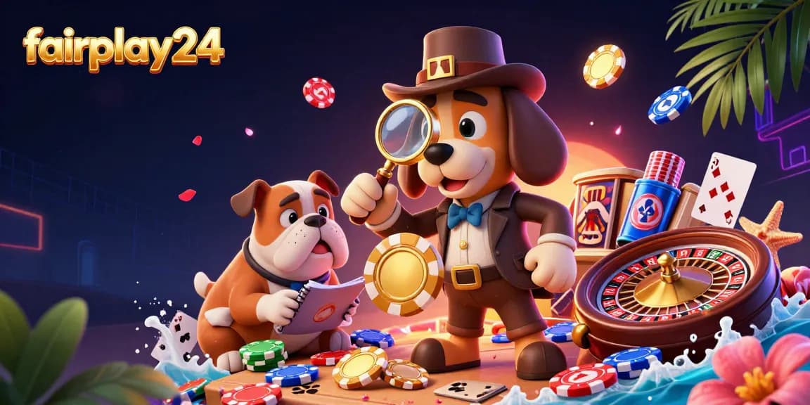 Engage with fairplay24 through a detective-themed illustration featuring casino elements and vibrant colors.