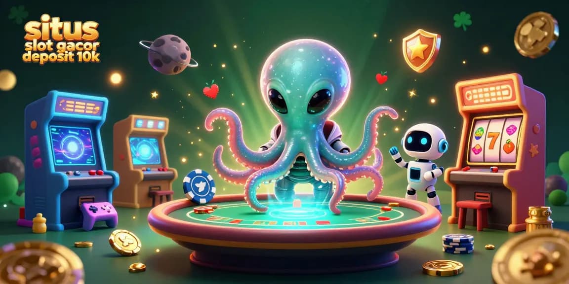 Engage with situs slot gacor deposit 10k as alien octopus plays on a holographic poker table.