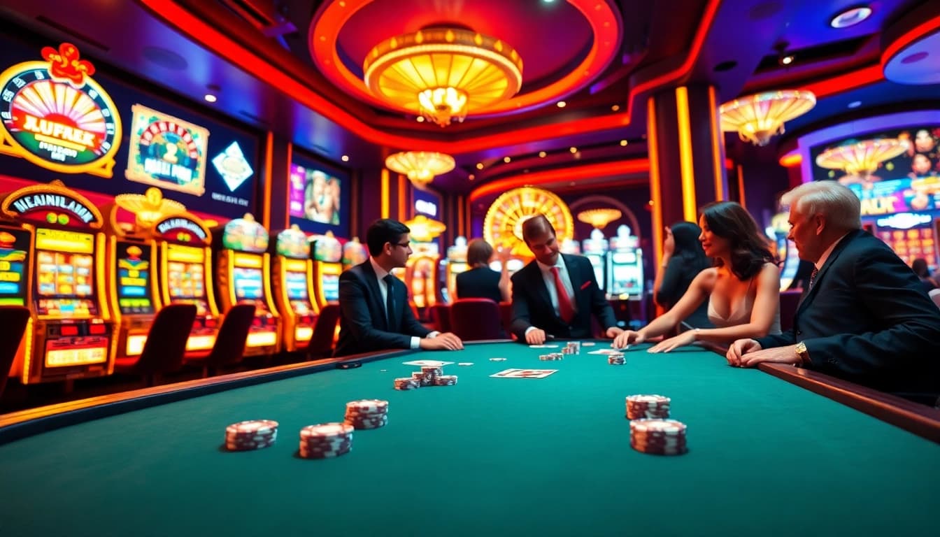 Engage in the thrilling atmosphere of okfun casino with elegant players at a poker table.