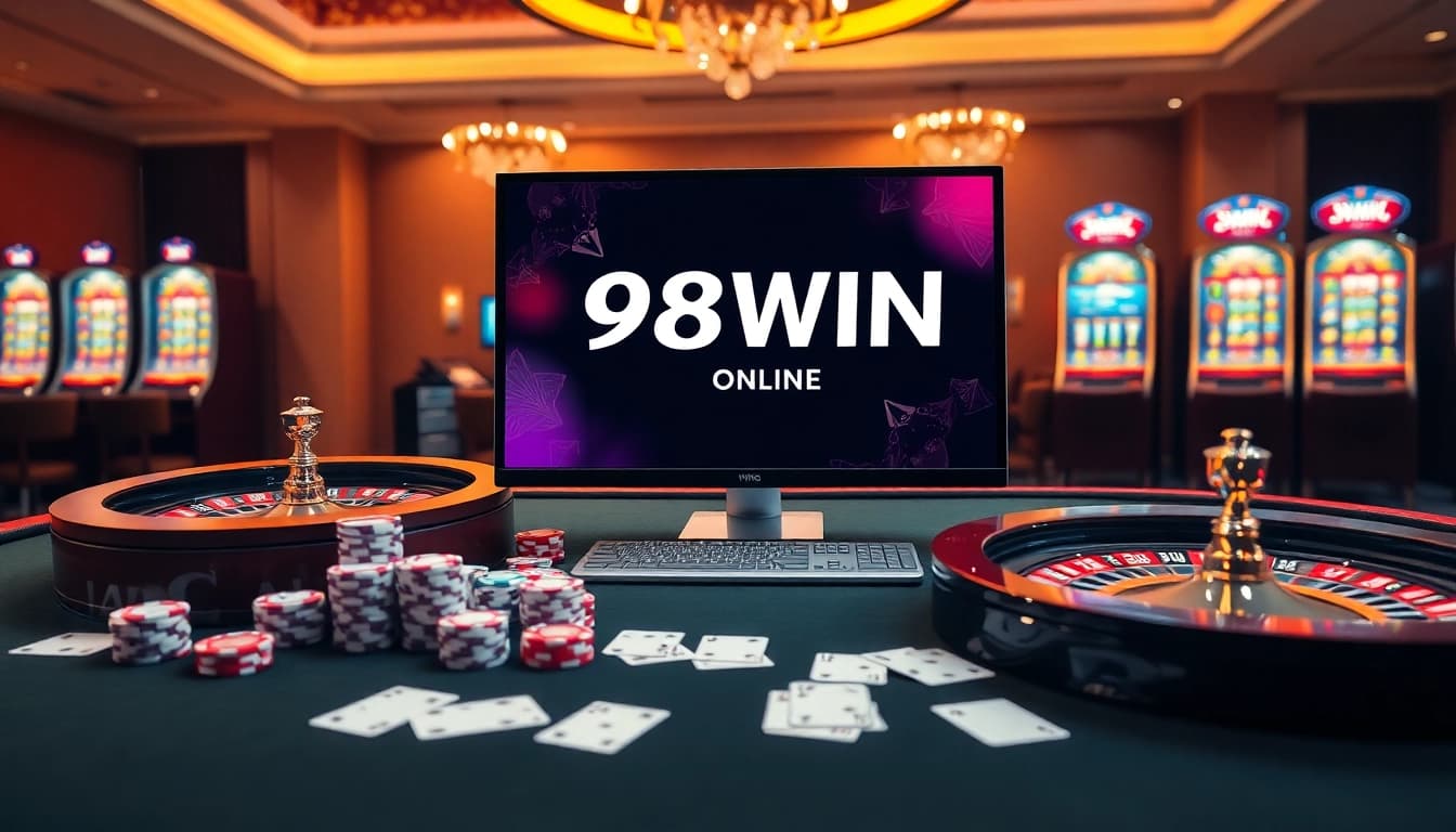 Experience thrilling gameplay at 98win com with vibrant casino elements like poker chips and roulette.