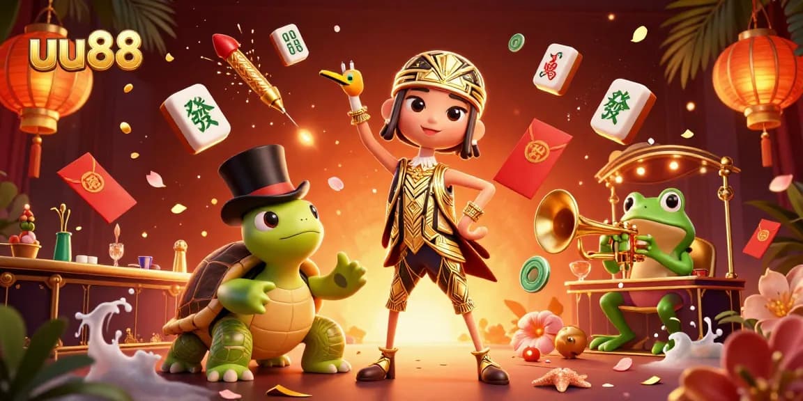 Experience excitement at uu88 with vibrant casino characters and festive elements in a lively scene.