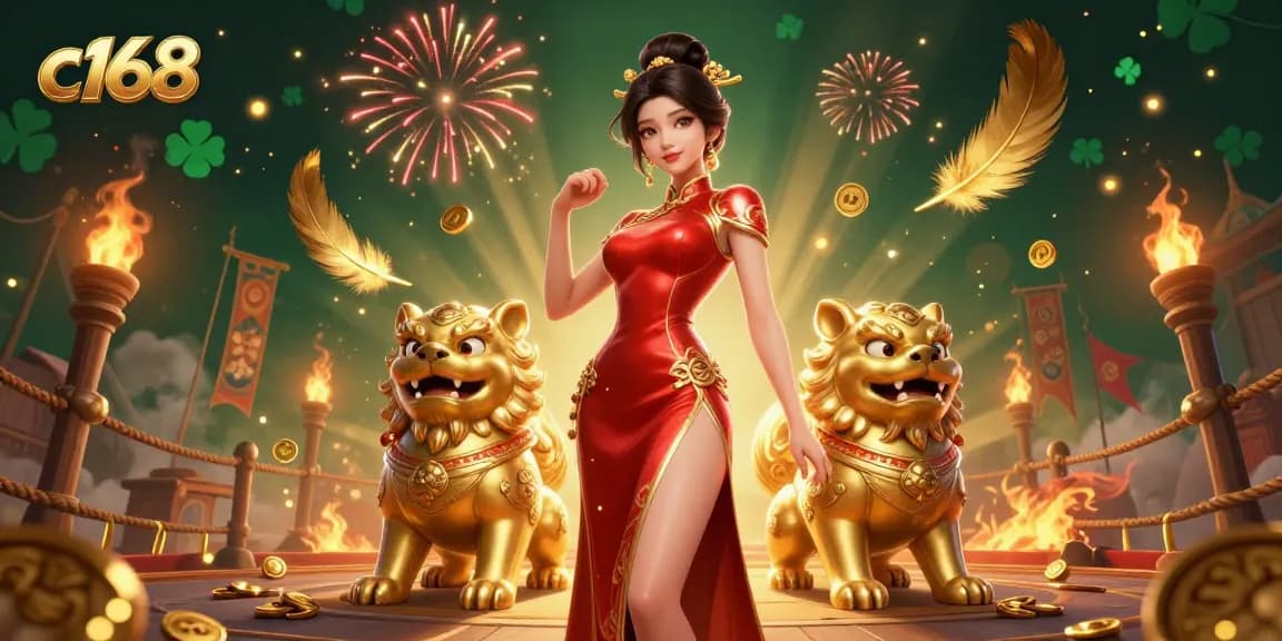 Engage in thrilling gaming with c168, featuring a glamorous atmosphere, majestic foo dog guardians, and festive decorations.