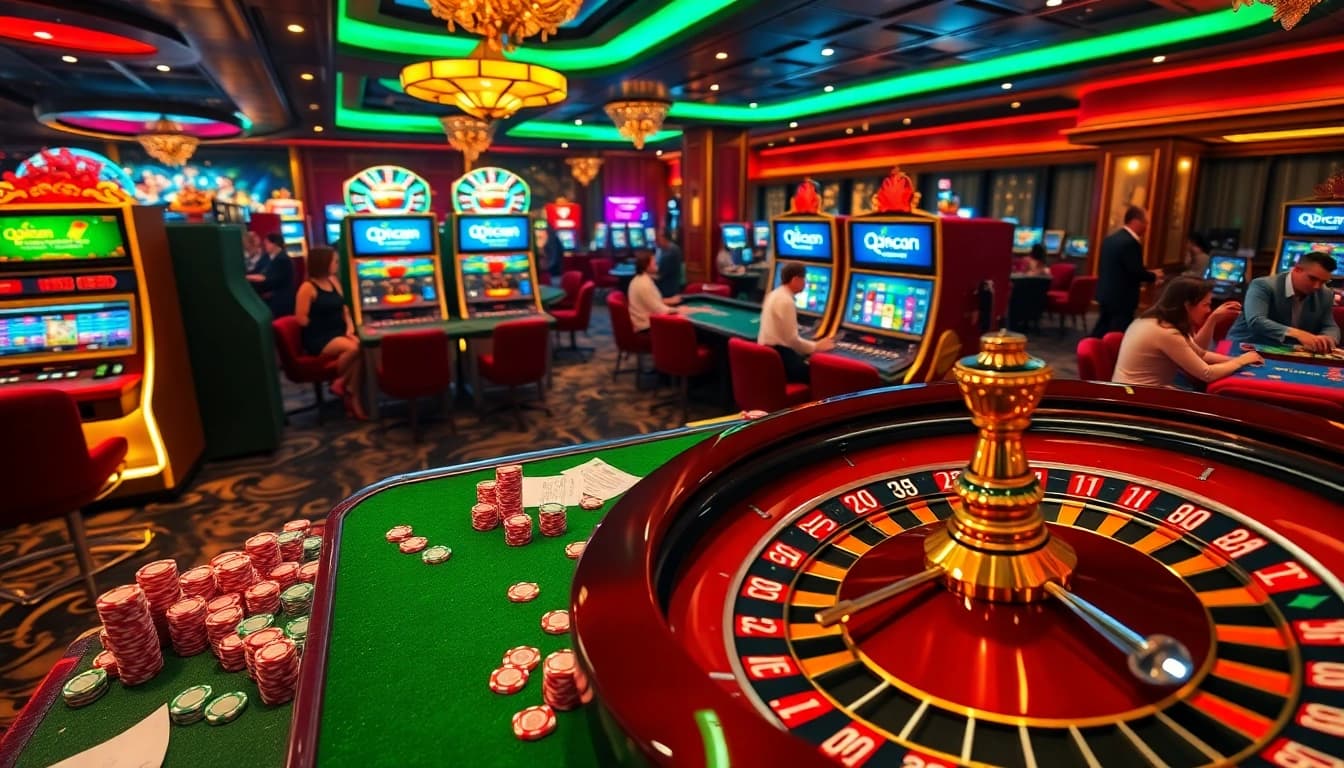 Experience thrilling gameplay at qqmacan with luxury slot machines and poker tables in a vibrant casino atmosphere.
