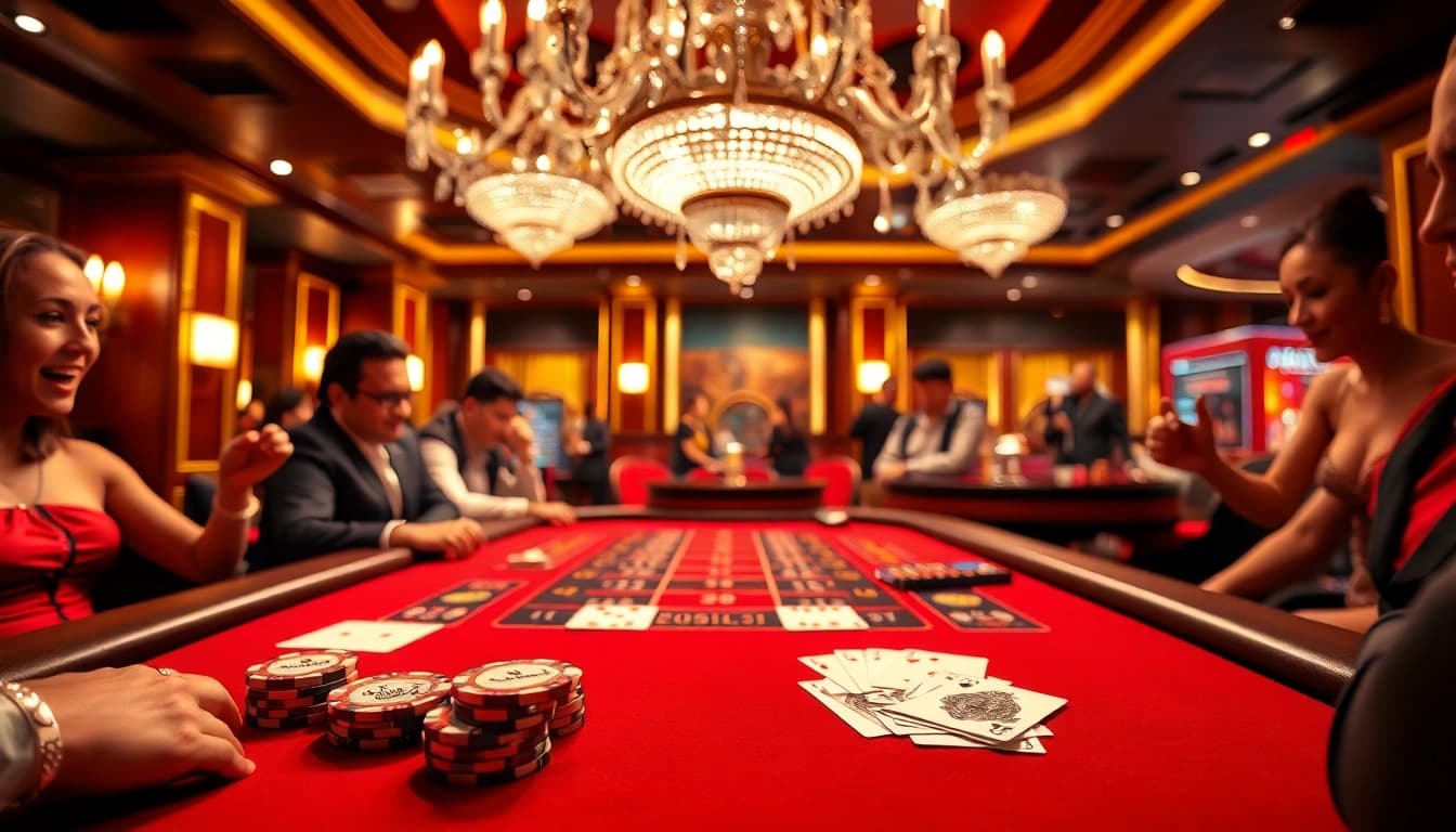 Pahala4D players engaging in an exciting baccarat game within a luxurious casino environment.
