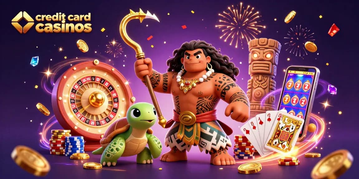 Engage with credit card casinos in a vibrant 3D illustration featuring dynamic game elements and characters.