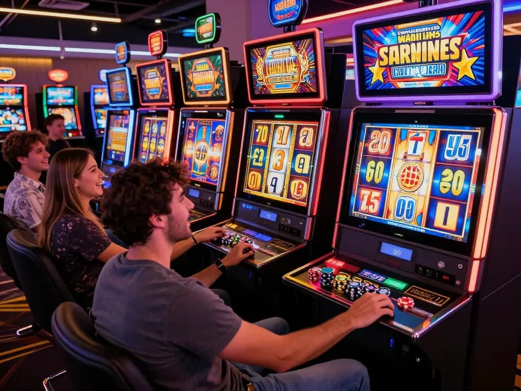 Friends enjoying the thrill of link slot gaming in a vibrant casino atmosphere, colorful machines glowing.