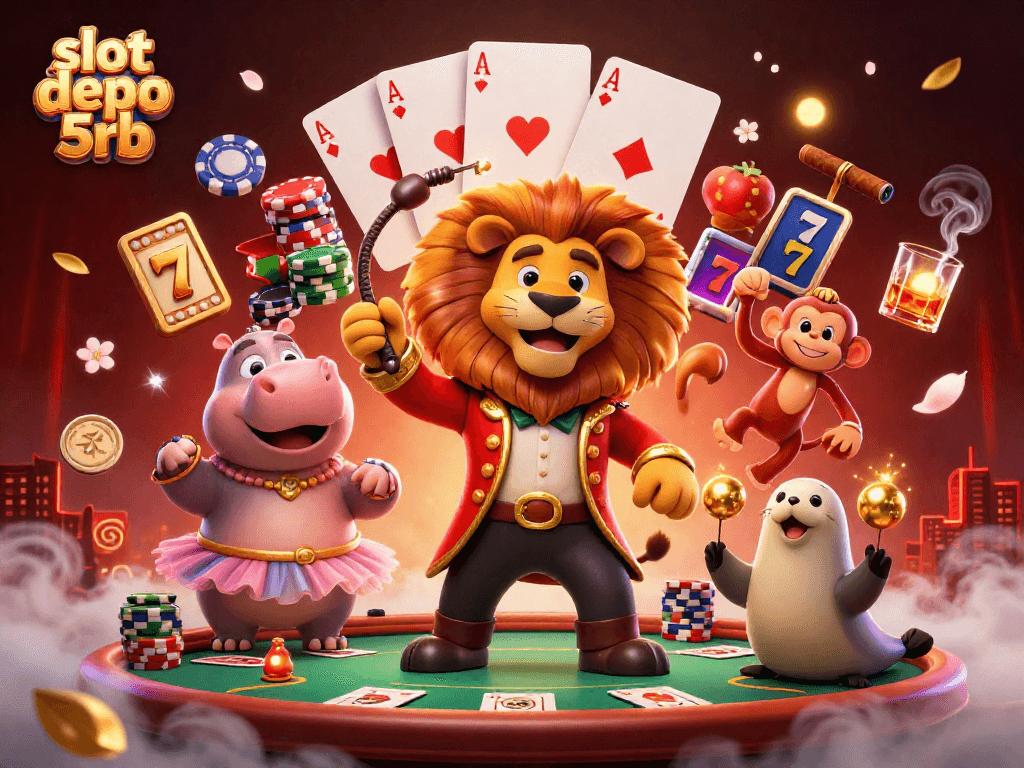 Win big at slot depo 5rb with a lively casino scene featuring a lion ringmaster and casino elements.