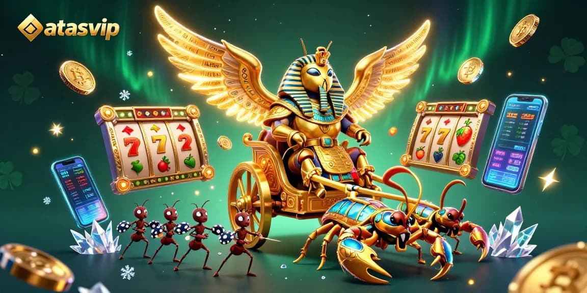 Join the excitement at atasvip with diverse games, featuring a golden scarab and dynamic elements in this vibrant casino illustration.