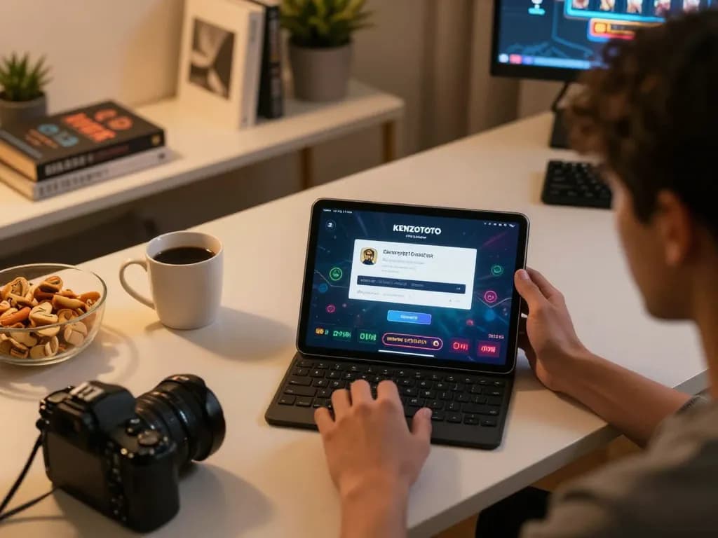 Orang yang menggunakan tablet untuk login kenzototo di pengaturan permainan rumah yang nyaman dengan camilan dan catatan strategi.