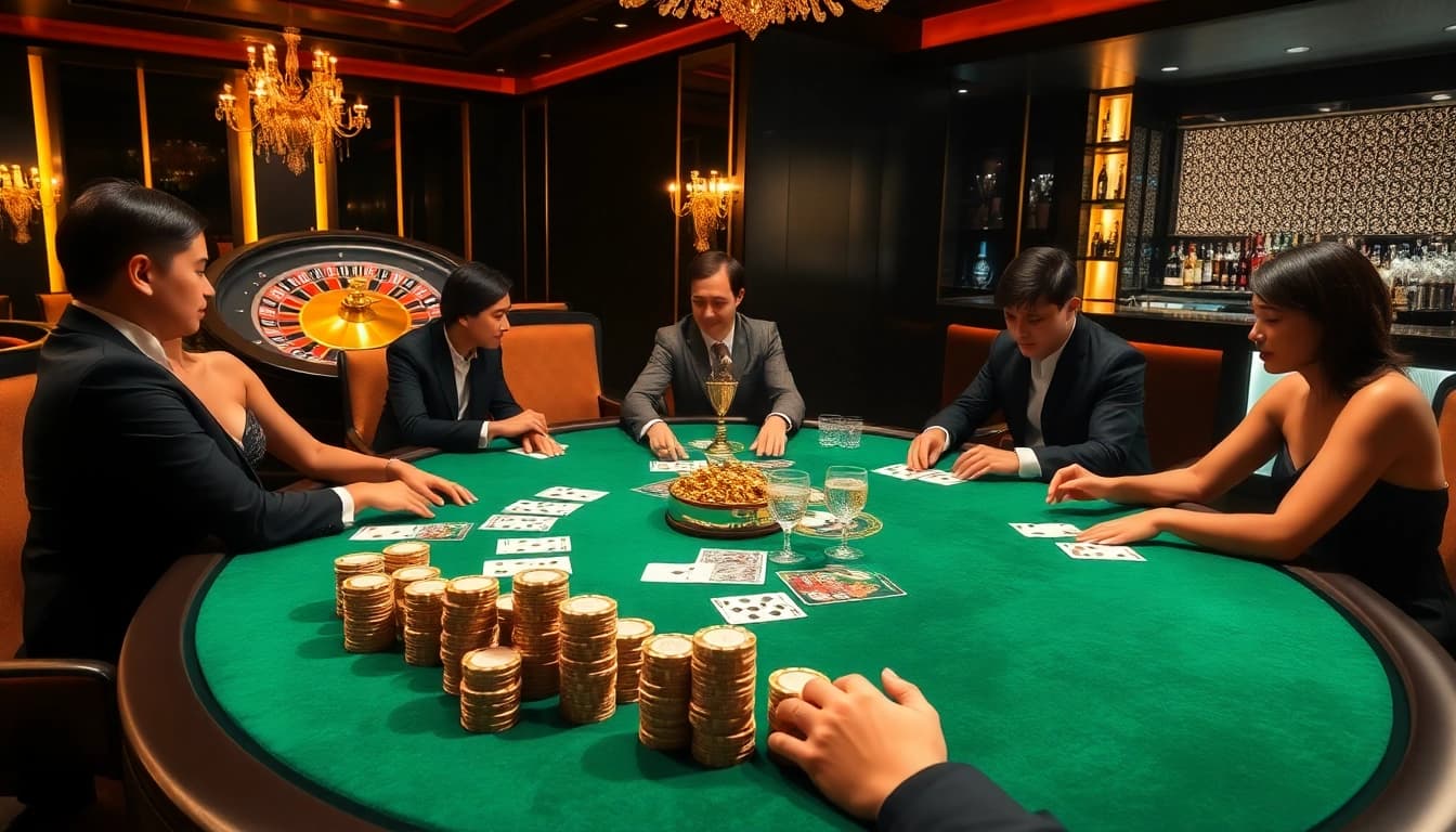 Engaged players strategizing at a luxurious poker table, embodying 32WIN Vip prestige.