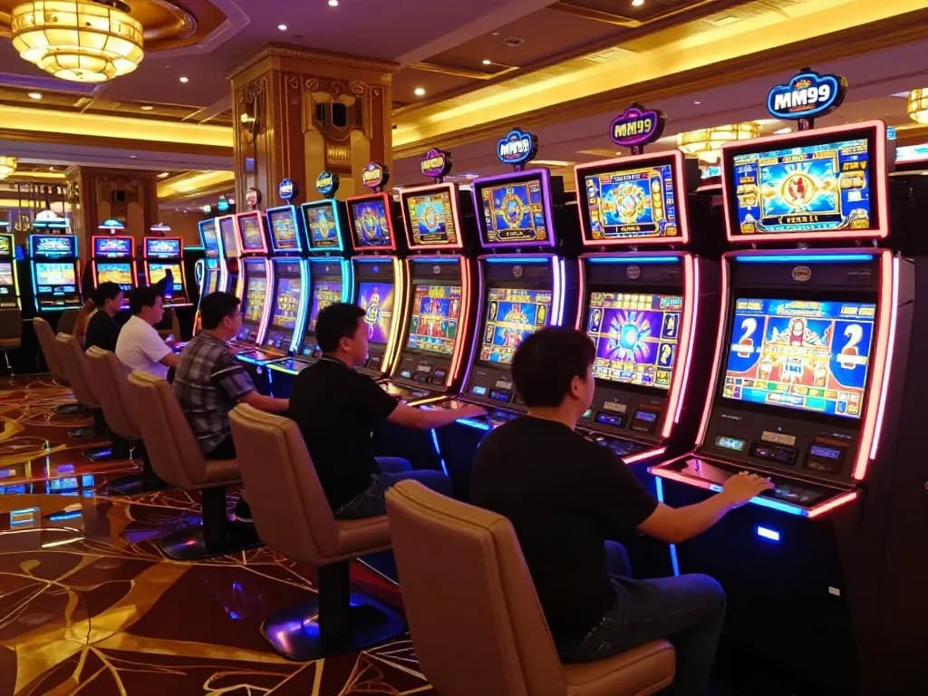 Engaging players at MM99 Slot machines in a lively casino environment highlighting excitement and wins.