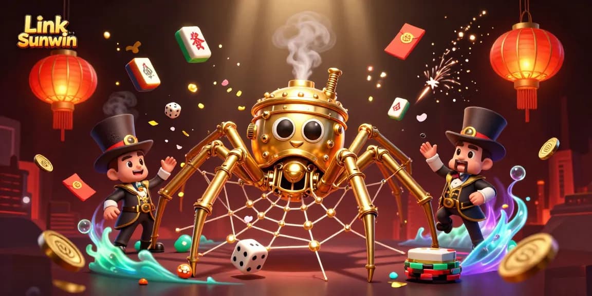 Experience Link Sunwin with a vivid portrayal of a steampunk spider weaving golden chains, capturing unexpected dice.