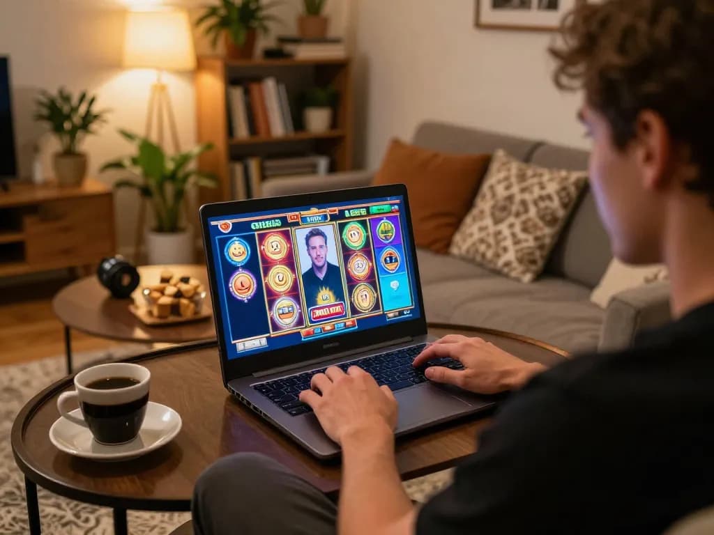 Engaging moment of a player enjoying slot online on a laptop at home, highlighting strategic gameplay.