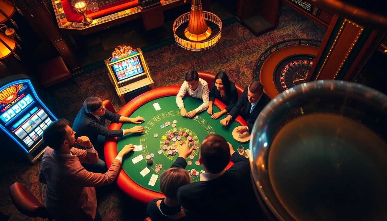 Engaged gamblers enjoying a high-stakes poker game at NOHU90's luxurious casino tables.