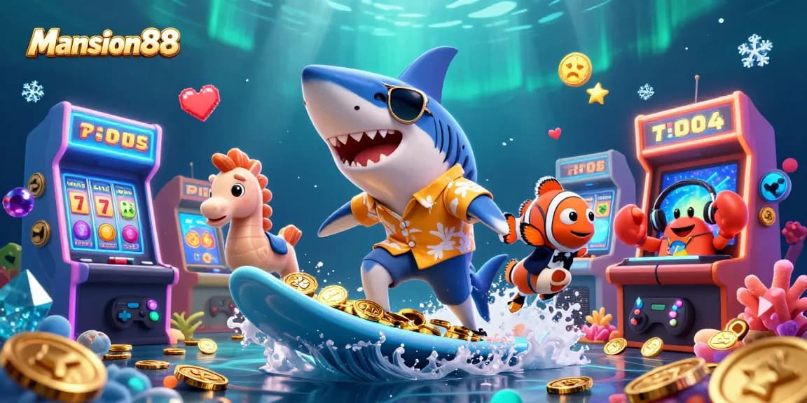 Mansion88: Surf the waves of wins with a vibrant 3D casino scene featuring gaming elements and characters.