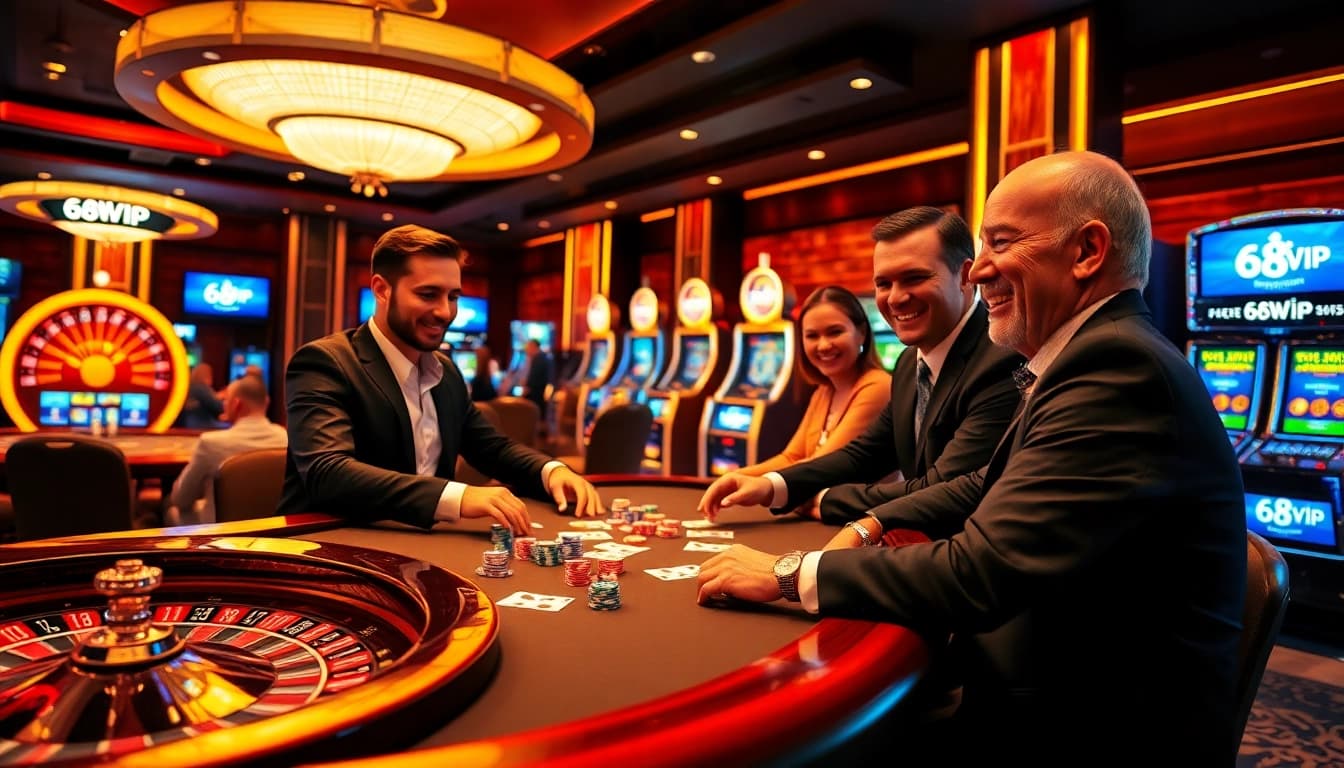 Experience the excitement of gambling at 68VIP with vibrant casino gameplay, poker chips, and a roulette wheel.