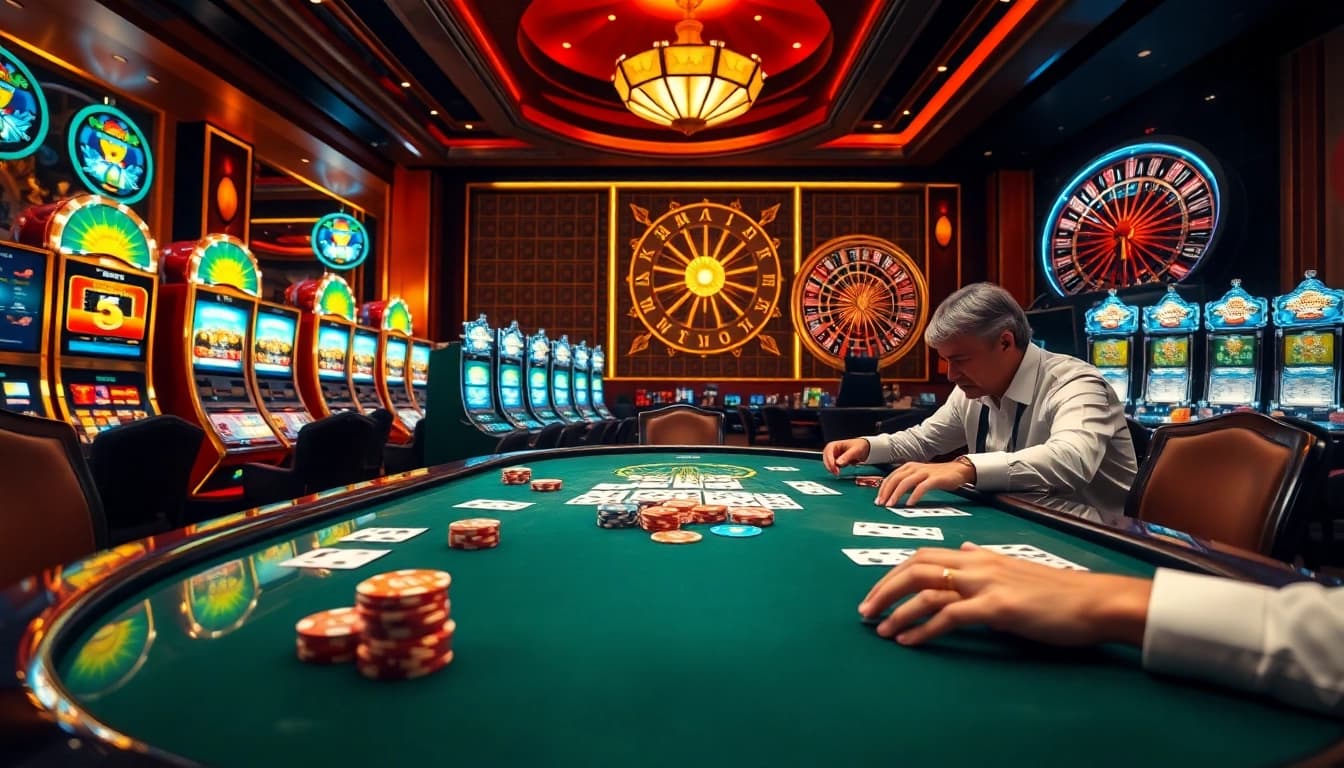 Intense poker play at LC88 casino with colorful chips and cards on a glossy table.