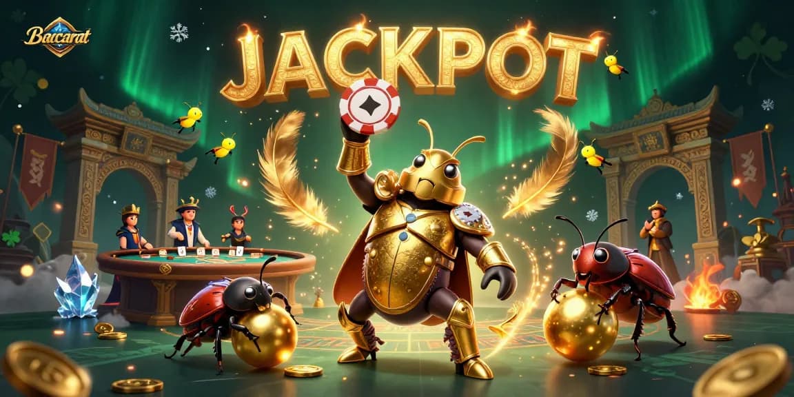 Baccarat game scene with cartoon beetles celebrating a big win with poker chips and fireflies spelling jackpot.