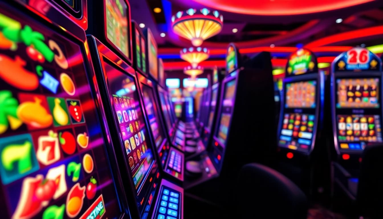 Slot Game menarik dengan simbol ceria dan suasana kasino yang menggairahkan.
