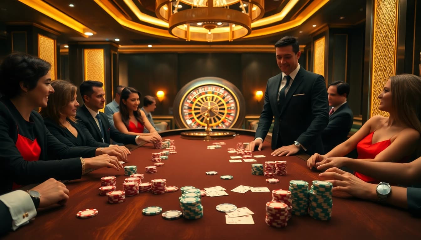Players engaging at a poker table with chips and cards from https://go88.fast/ during a thrilling casino game.
