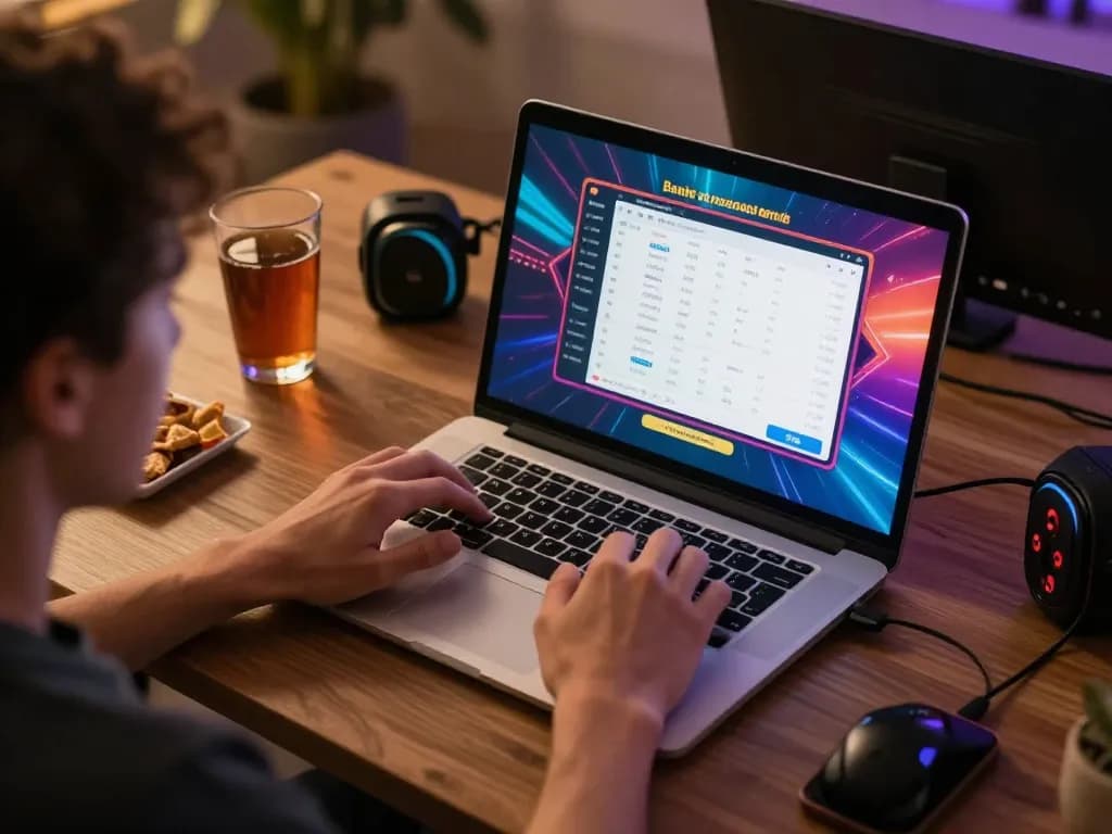 LIGA2000 player engaging with vibrant slots on a laptop, showcasing a cozy online gaming atmosphere.