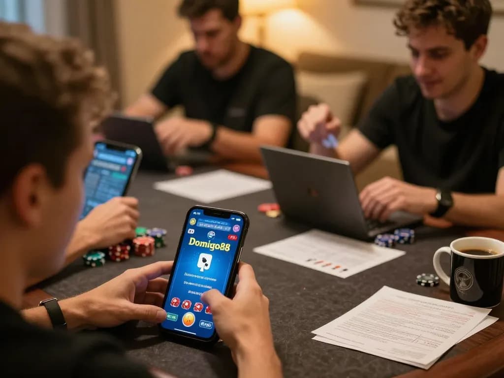 Players enjoying a Domino88 online poker game on their smartphones in a cozy home setting