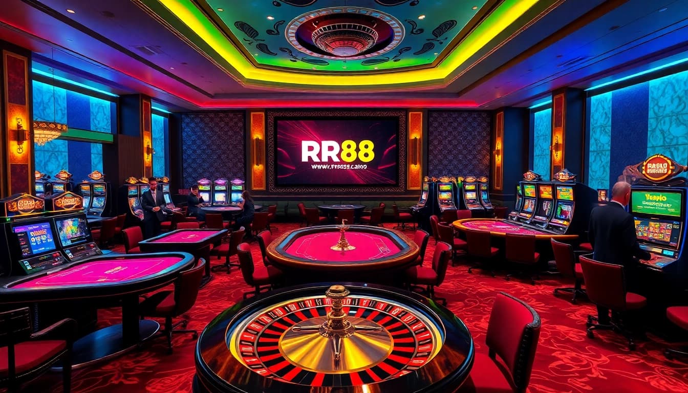Players enjoying poker and roulette at a luxurious casino featuring https://rr88.se.net/ branding.