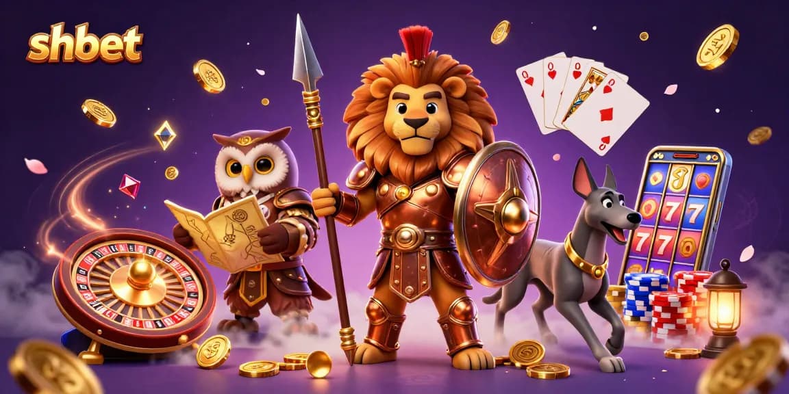 Engaging scene featuring the shbet lion hero, strategic owl, and swift greyhound amidst casino excitement.