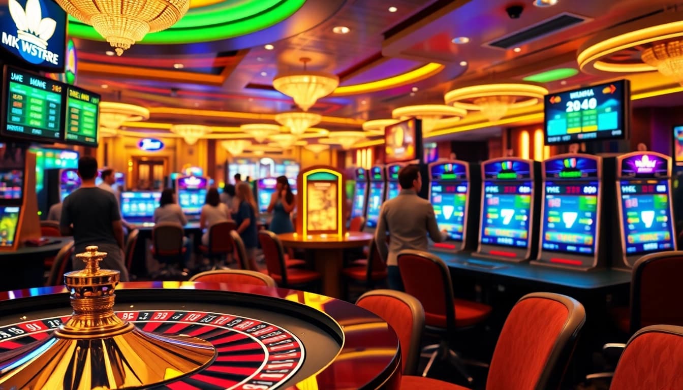 Engaged players celebrate big wins with MK 8 at a vibrant casino, featuring roulette and slot machines.