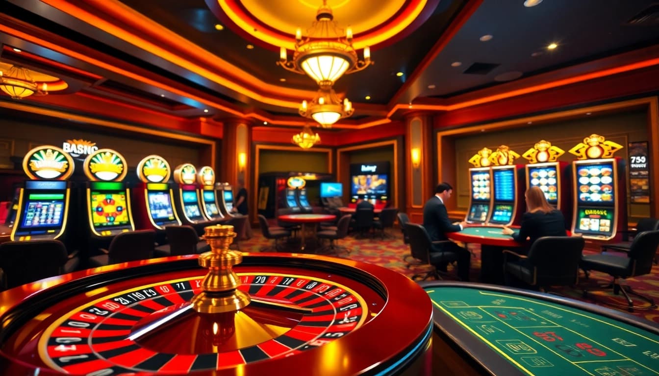 Engaging casino scene depicting gaming excitement at https://789win.associates/ with vibrant roulette and slot machines.