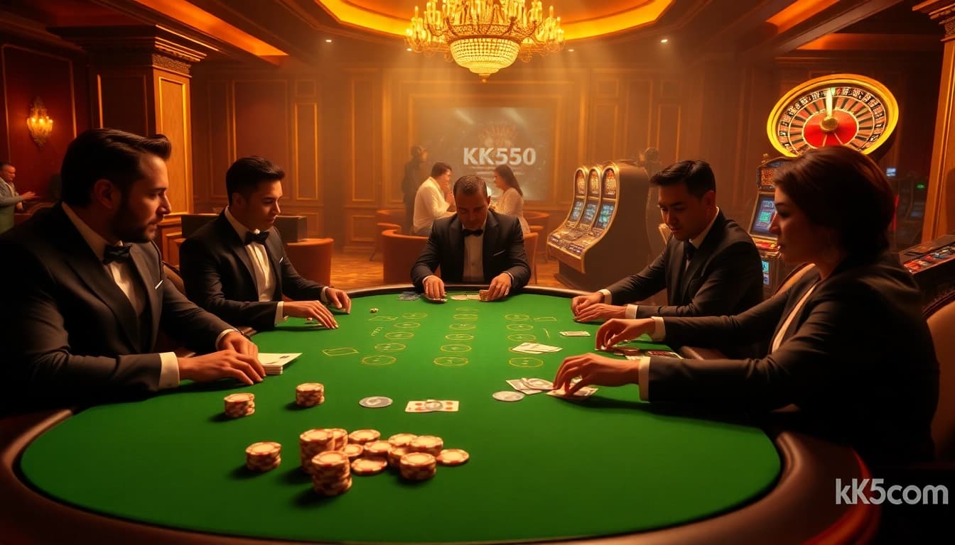 Engage in high-stakes poker action on KK55.com with vibrant chips and elegant players.