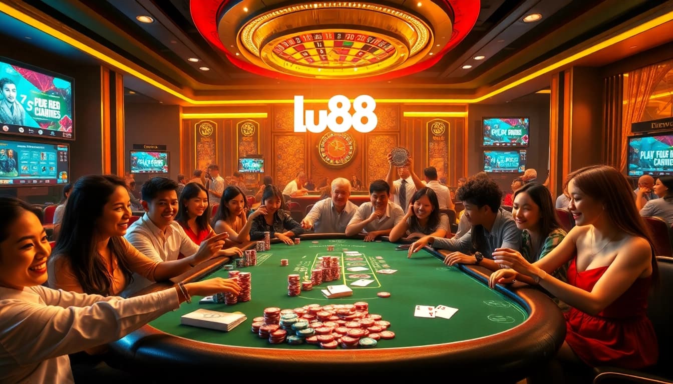lu88 players engaging in an exciting poker game with colorful chips and cards.