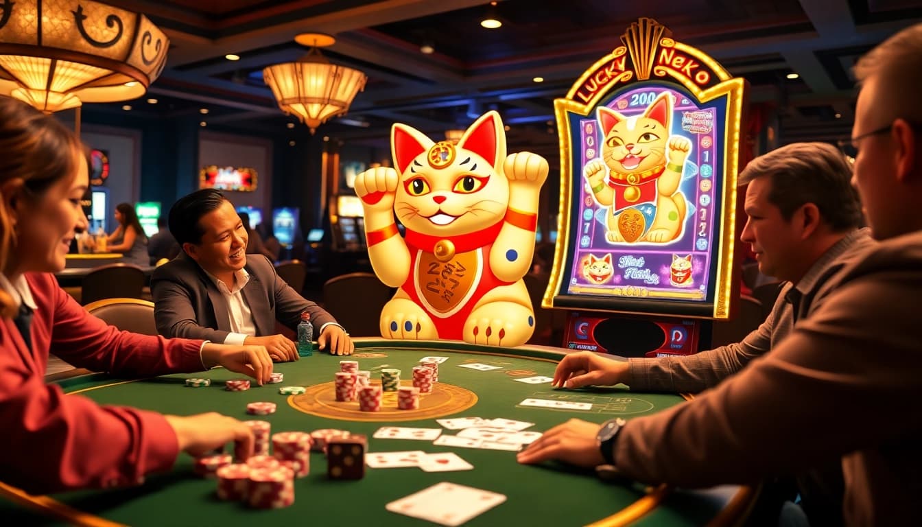 Experience the thrill of winning with Lucky Neko PG Soft โบนัสคืนยอดเสีย at this vibrant casino scene.
