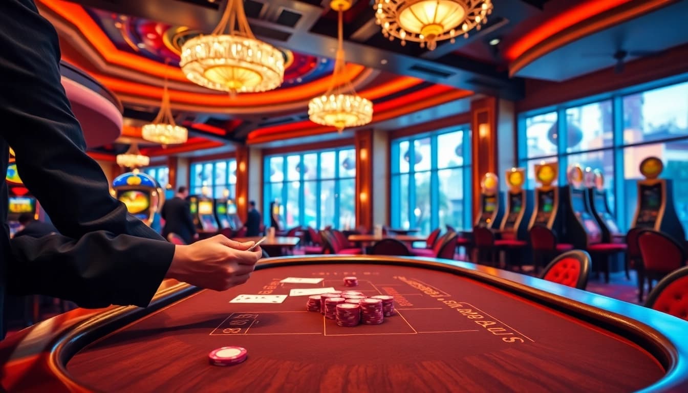 Click here to view a stunning blackjack table in a luxurious casino, inviting players to enjoy gaming.