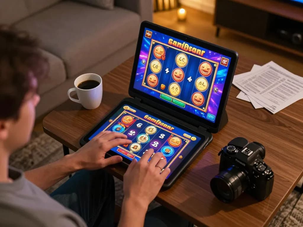 Playing slots not on gamstop on a tablet in a cozy home setting, highlighting online gaming.